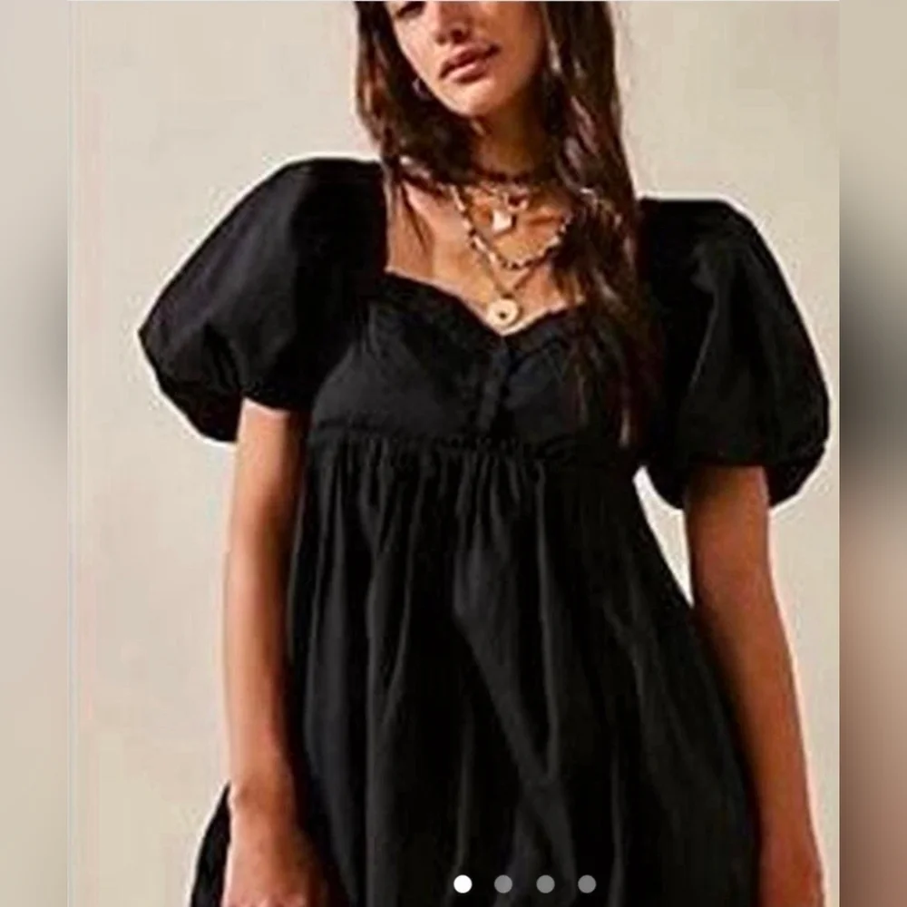 ❤️ NWT! FREE PEOPLE RENDEVOUS ME BLACK PUFF SLEEVE POPLIN MINI DRESS, MEDIUM
